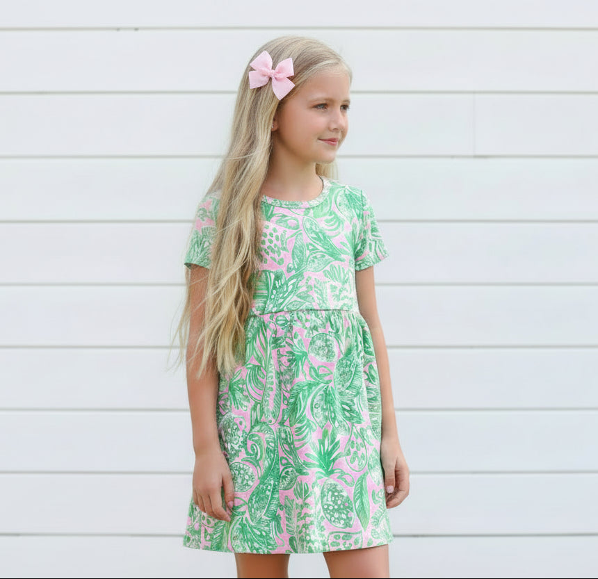 Green & Pink Preppy Pineapple Dress, girl's, Milk Silk, kids, inspired