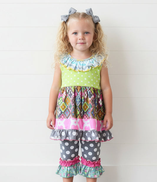 Geometric Ruffle Outfit, girl, clothing, kids, set, tunic, polka dots, toddler