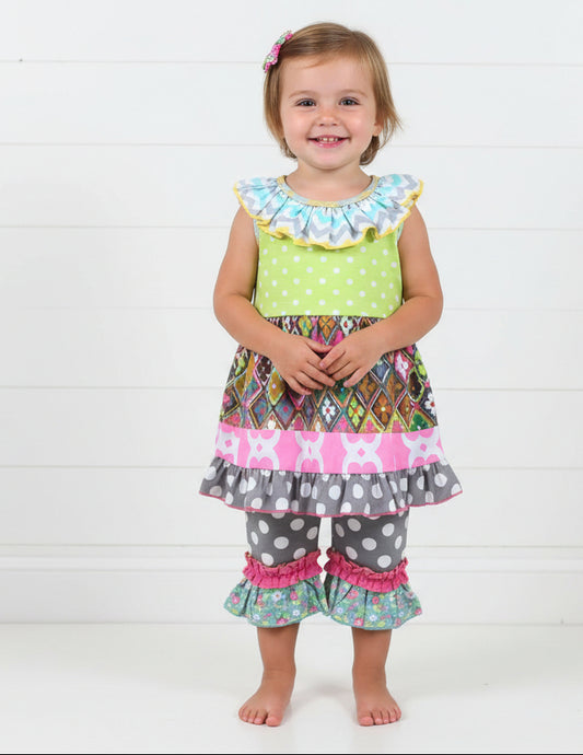 Geometric Ruffle Outfit, girl, clothing, kids, set, tunic, polka dots, toddler, Easter