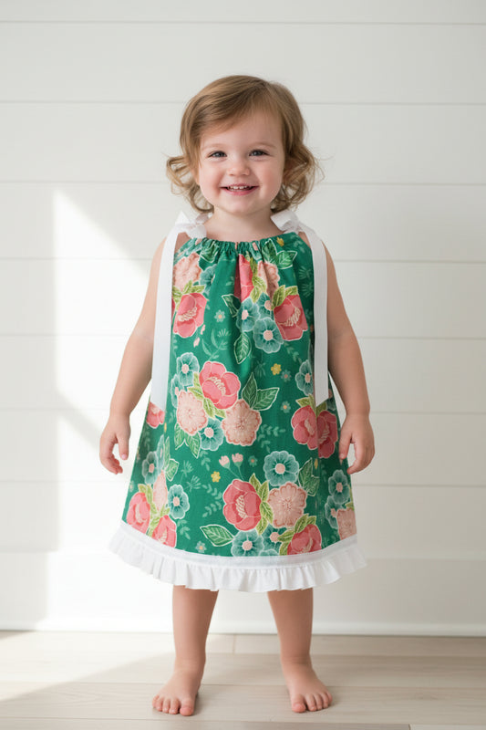 Green Floral Dress, Sundress, girl, kids, handmade - SALE