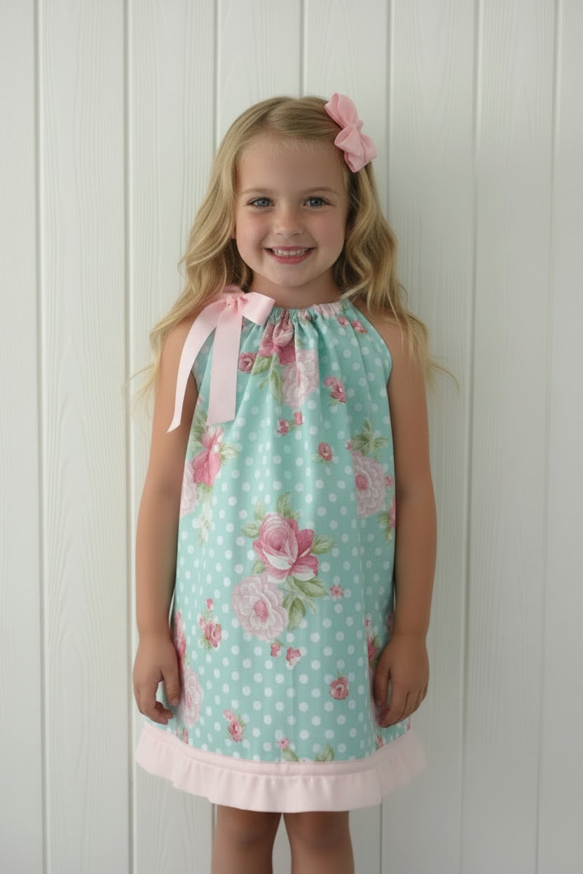 Blue Cabbage Rose Dress, Sundress, girl, kids, handmade