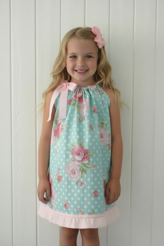 Blue Cabbage Rose Dress, Sundress, girl, kids, handmade