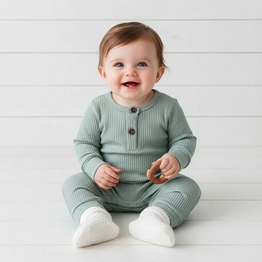 Green Ribbed Baby Romper, gift, infant, Shower, unisex