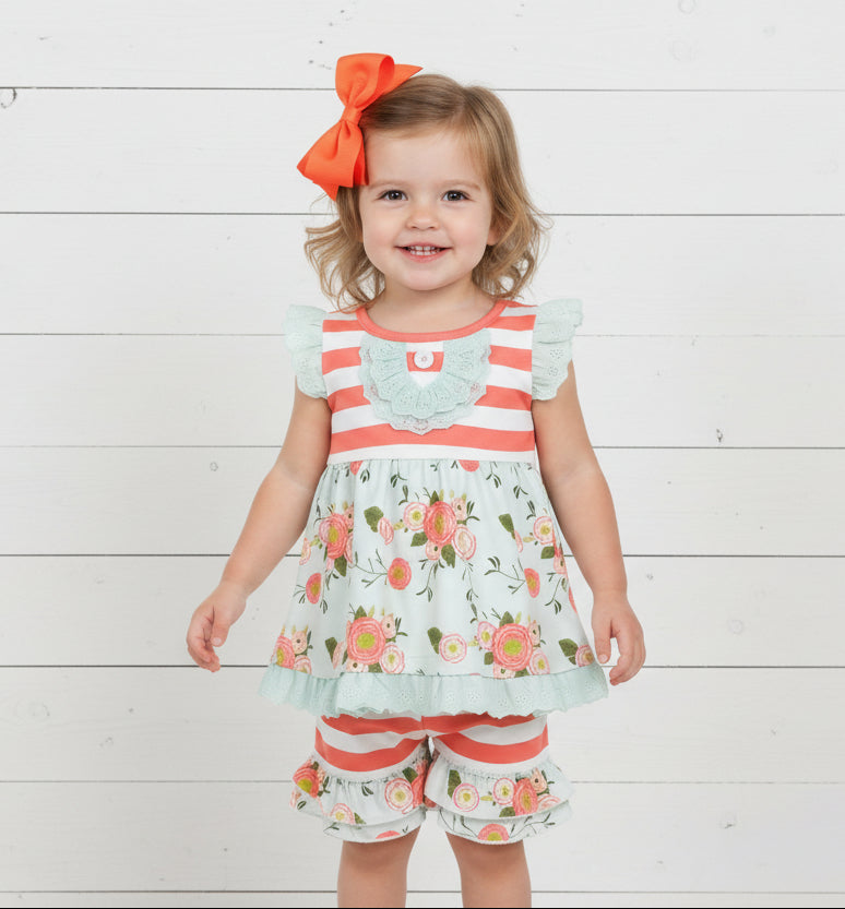 Boutique Mint & Orange Floral Ruffle Short Set, girl, kids, clothing, outfit