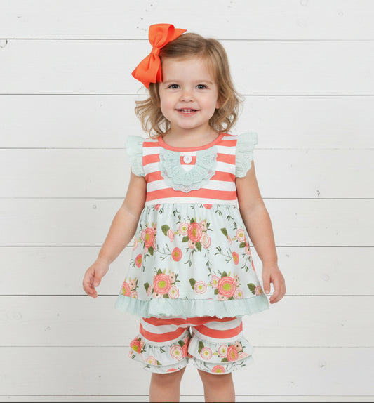 Boutique Mint & Orange Floral Ruffle Short Set, girl, kids, clothing, outfit