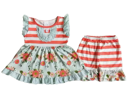 Boutique Mint & Orange Floral Ruffle Short Set, girl, kids, clothing, outfit