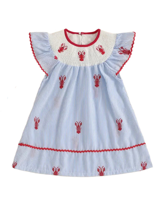 Blue Pinstripe Lobster Flutter Sleeve Dress, girl, kids, smocked - SALE
