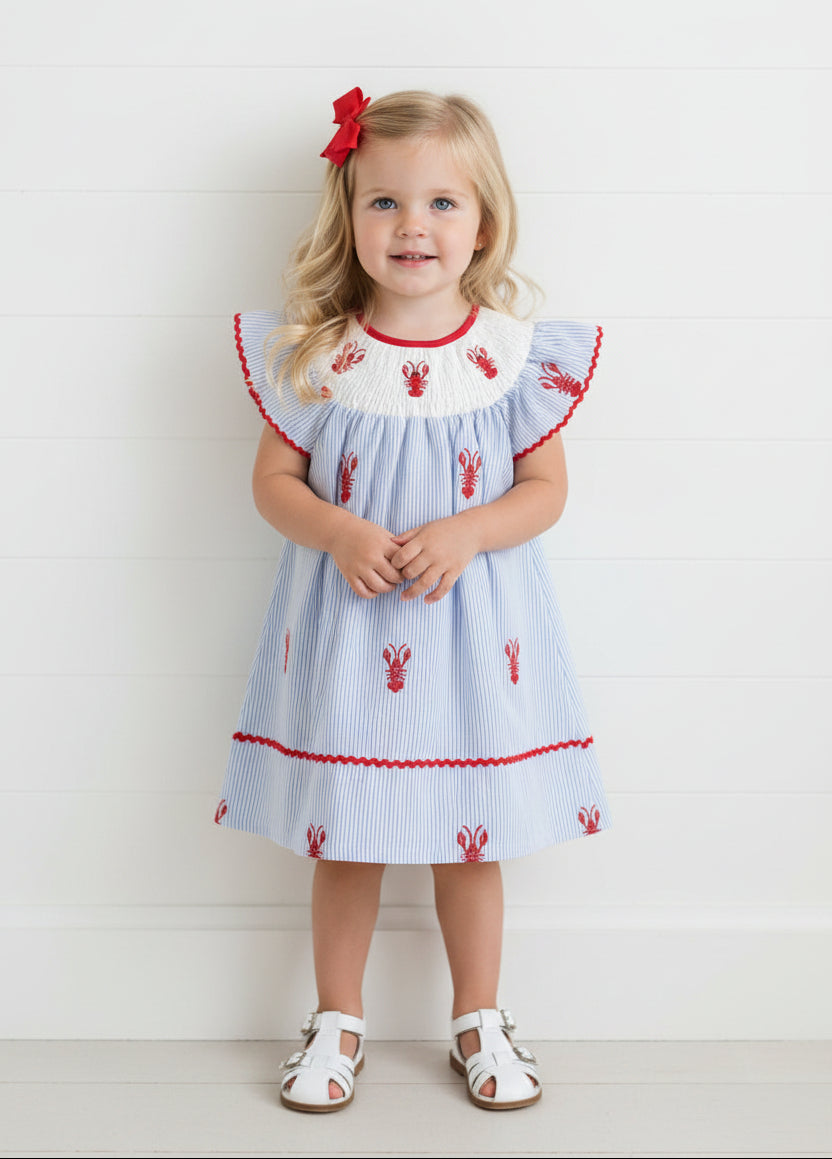 Blue Pinstripe Embroidered Lobster Dress, girl, kids, toddler