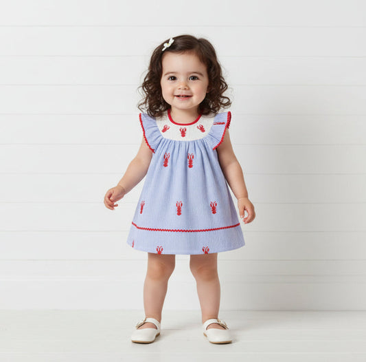 Blue Pinstripe Embroidered Lobster Dress, girl, kids, Spring, Easter