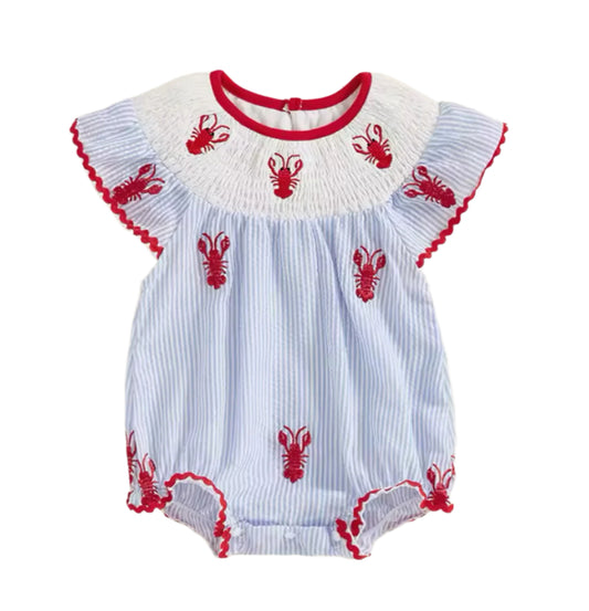 Blue Pinstripe Lobster Flutter Sleeve Romper, girl, kids - SALE