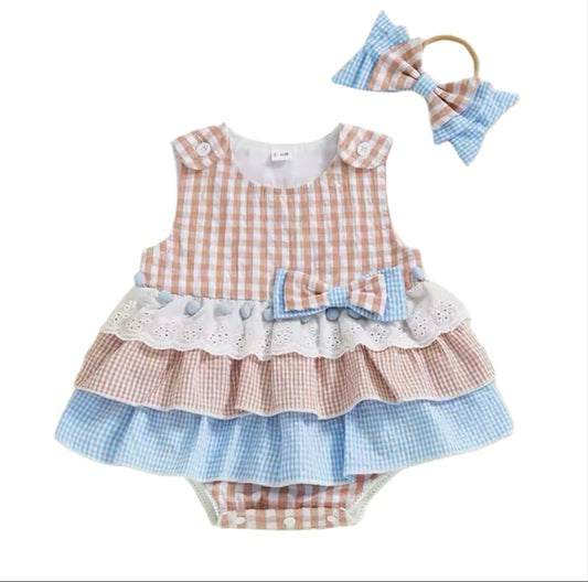 Boutique Blue & Brown Pinstripe Ruffle Romper, baby, girl, party