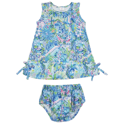 Blue Preppy Tropical Print Romper, girl's, Milk Silk, kids, Easter, inspired