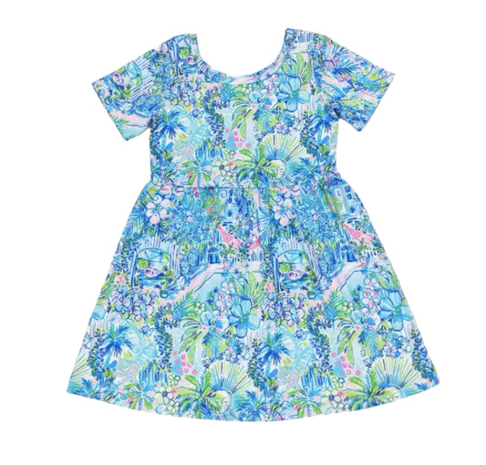 Blue Preppy Tropical Print Dress, girl's, Milk Silk, kids, inspired, Back to School
