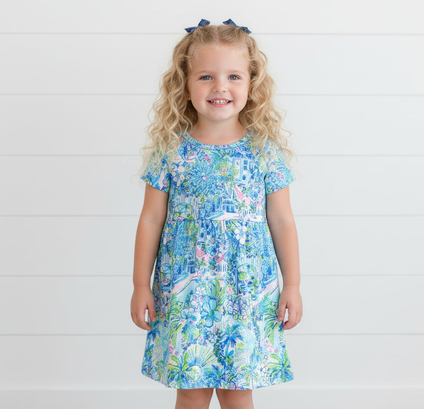 Blue Preppy Tropical Print Dress, girl's, Milk Silk, kids, inspired