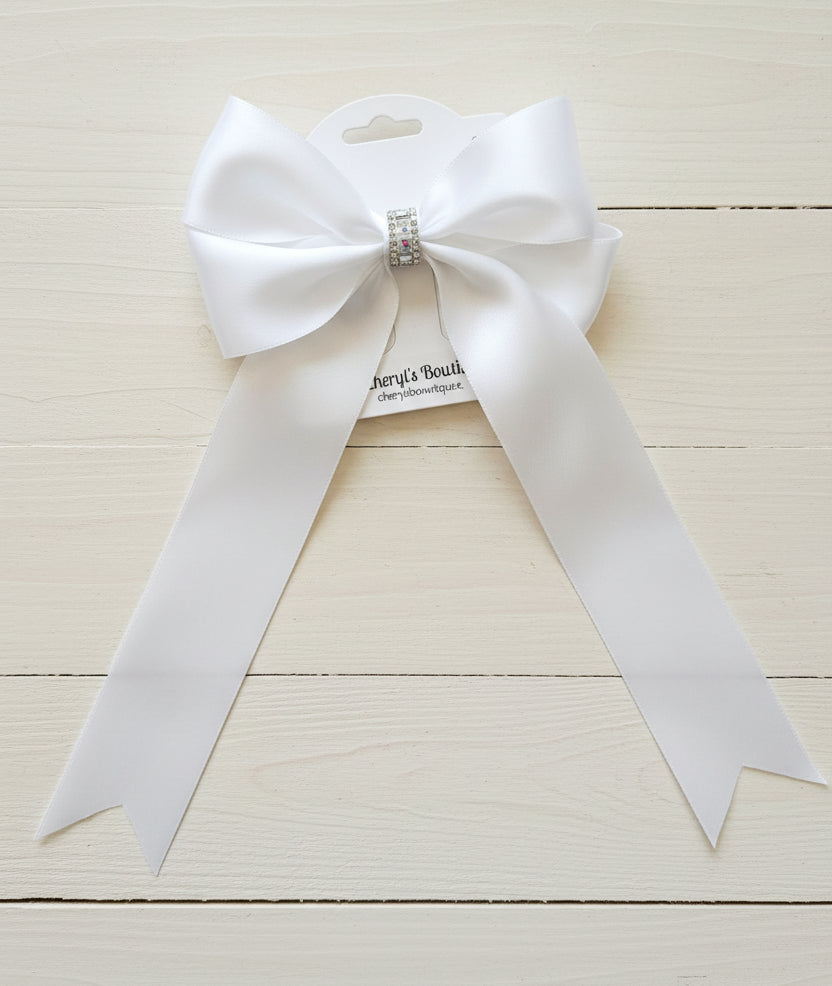 White Satin Tail Bow w/Rhinestones, girl, kids, accessories, hair
