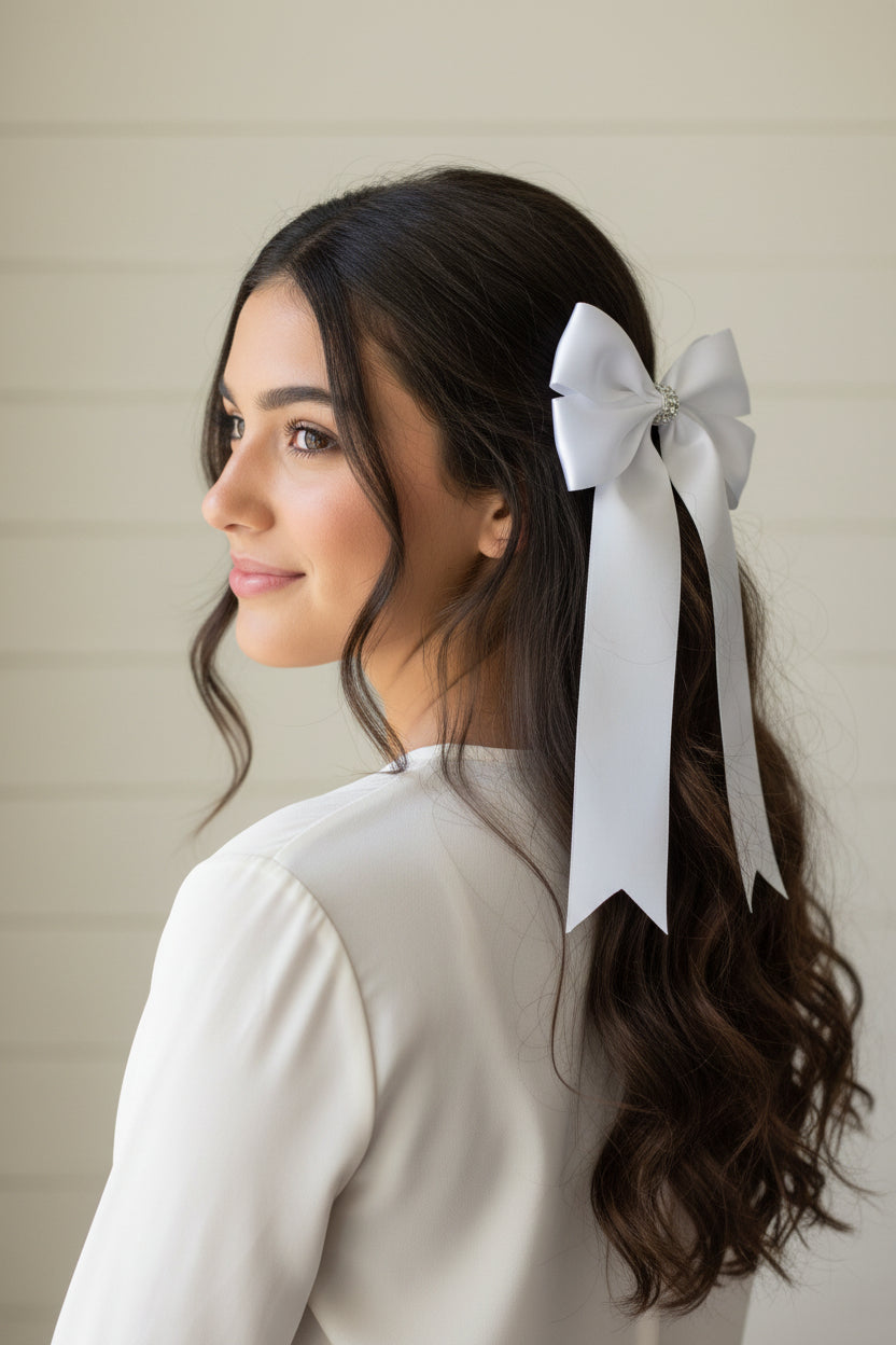 White Satin Tail Bow w/Rhinestones, girl, kids, accessories, hair
