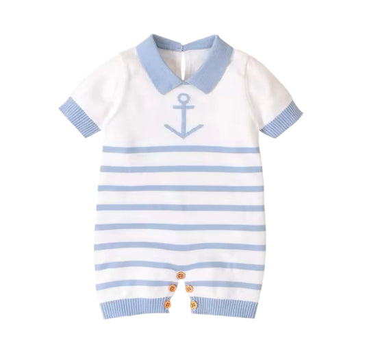 Light Blue & White Striped Knit Romper, baby, boy, kids, nautical