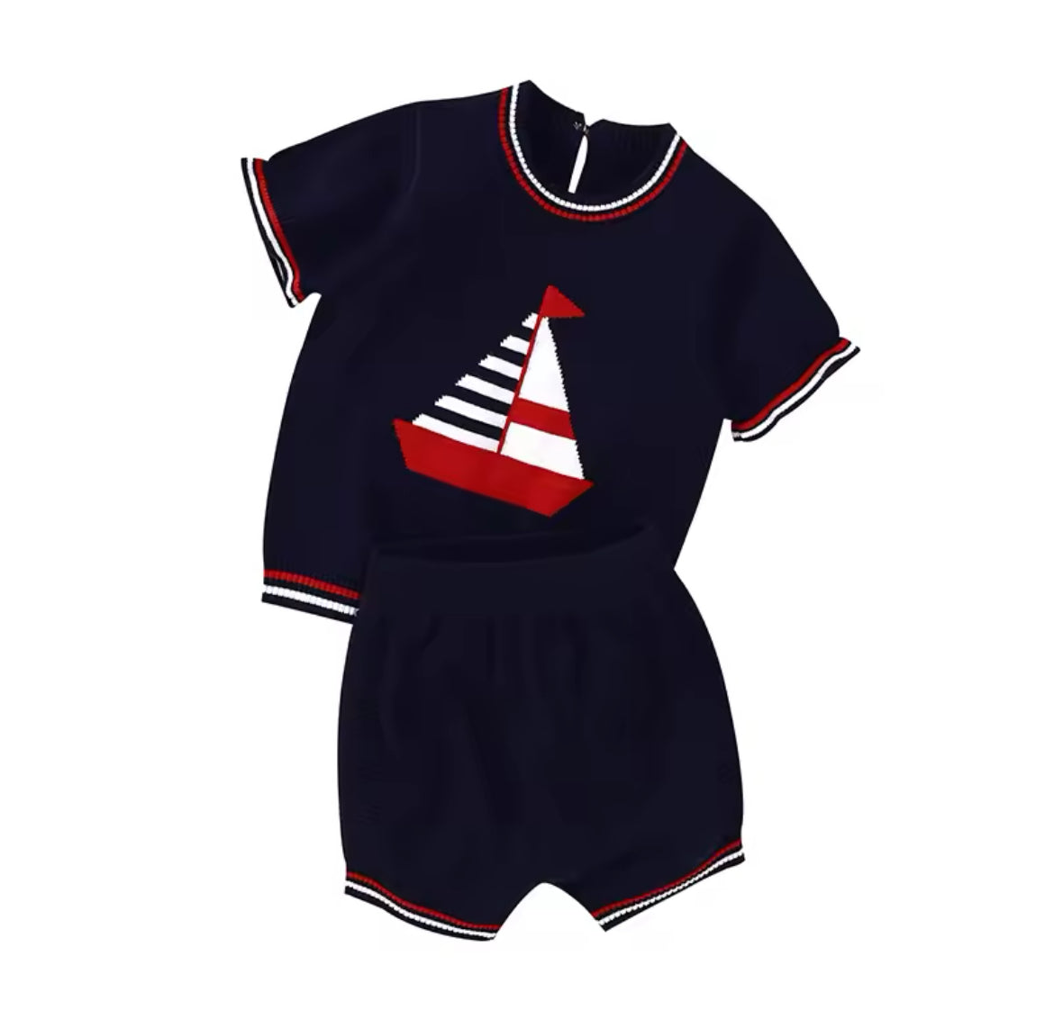 Navy Blue or Light Blue Knit Sailboat Outfit, Short Sleeve, baby