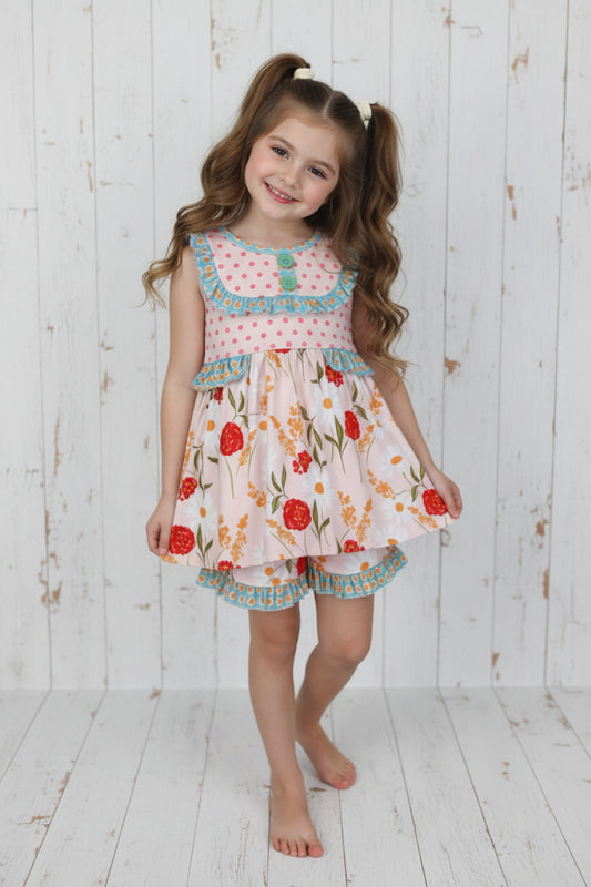 Flower & Dots Ruffle Short Set, girl, kids, clothing, outfit / CLEARANCE