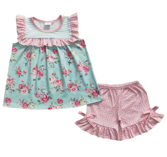 Cabbage Rose Pink & Blue Ruffle Short Set, girl, kids, clothing, outfit