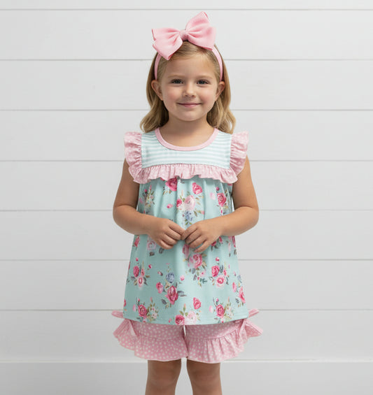 Cottage Rose Pink & Blue Ruffle Short Set, girl, kids, clothing, outfit, Spring