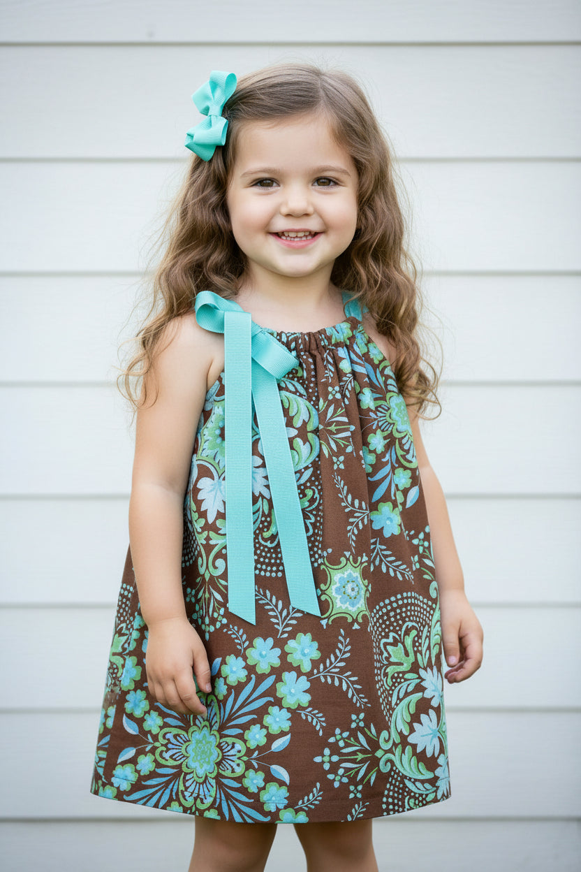 Aqua Blue & Brown Print Dress, Sundress, girl, kids, handmade / $5 SALE