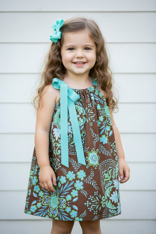 Aqua Blue & Brown Print Dress, Sundress, girl, kids, handmade / SALE