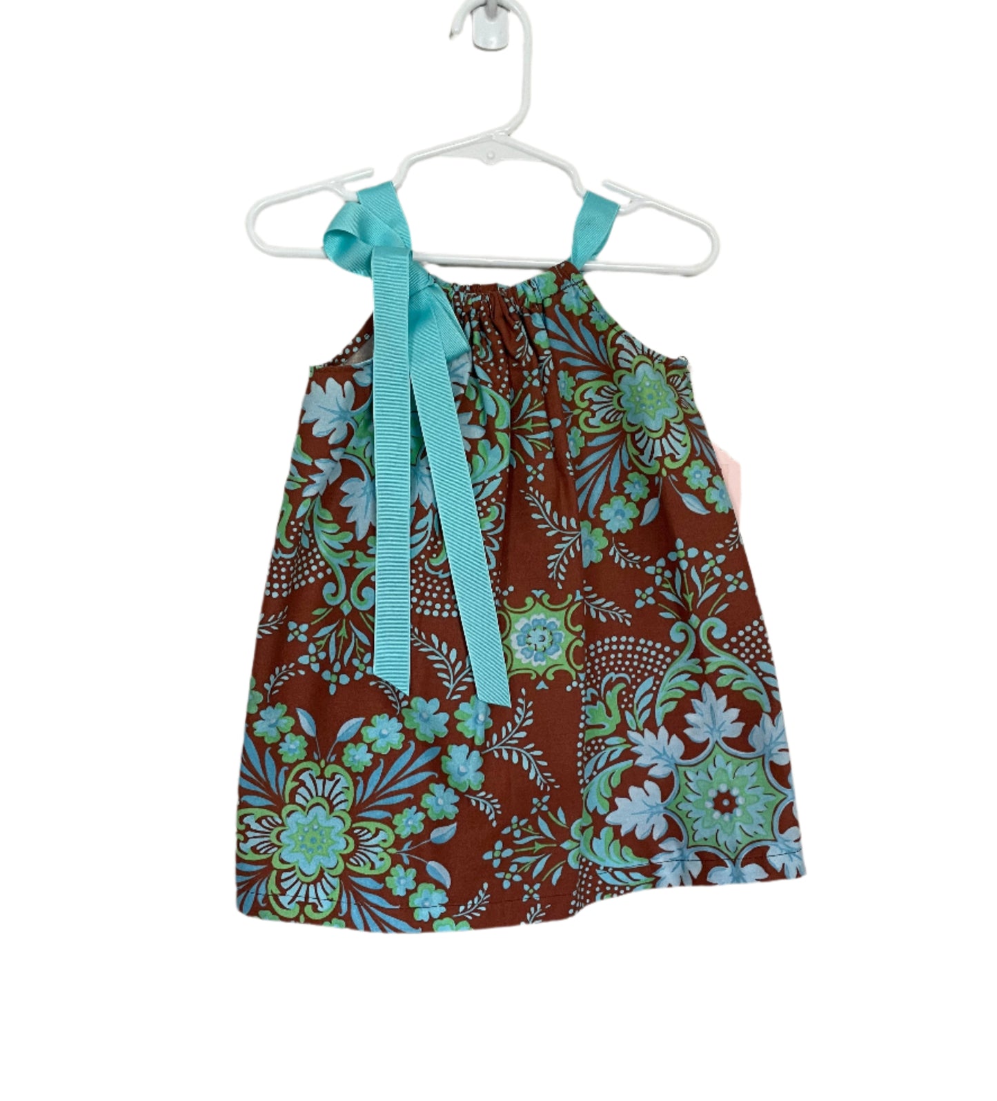Aqua Blue & Brown Print Dress, Sundress, girl, kids, handmade - SALE
