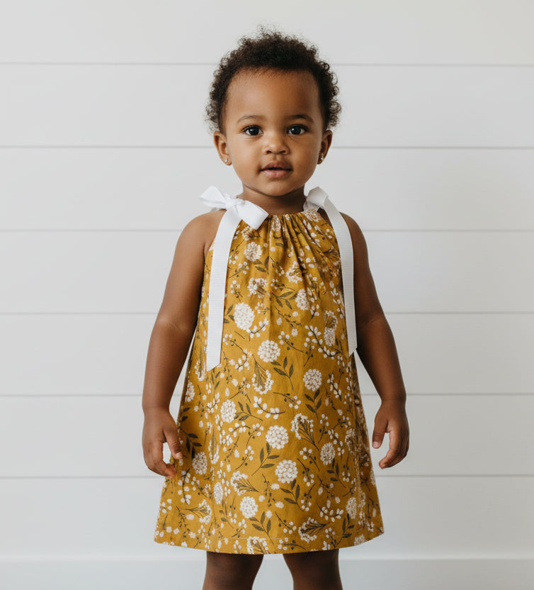 Gold & White Floral Print Dress, Sundress, Michael Miller, girl, kids, handmade