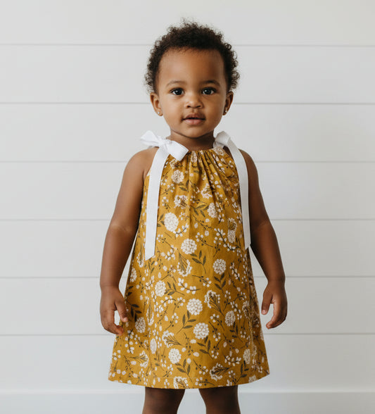 Gold & White Floral Print Dress, Sundress, Michael Miller, girl, kids, handmade