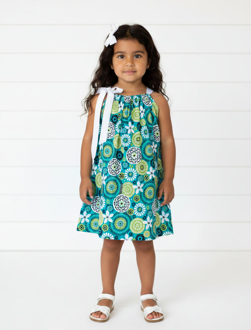 Turquoise & Green Flower Print Dress, Sundress, girl, kids, handmade / $5 SALE