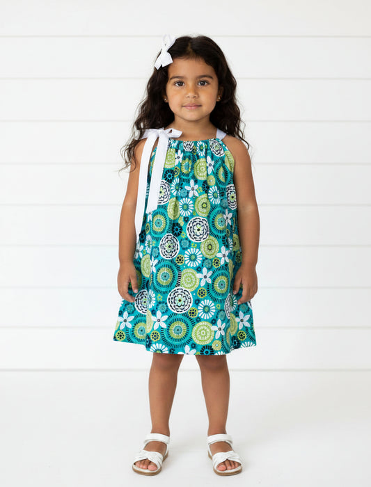 Turquoise & Green Flower Print Dress, Sundress, girl, kids, handmade / $5 SALE