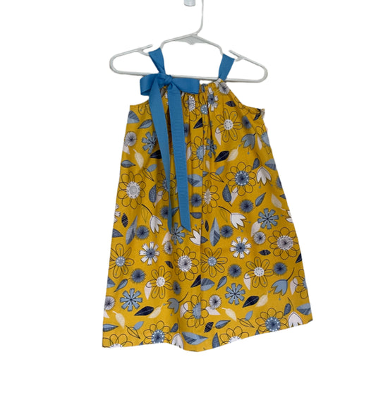 Yellow & Blue Floral Print Dress, Sundress, girl, kids, handmade - SALE