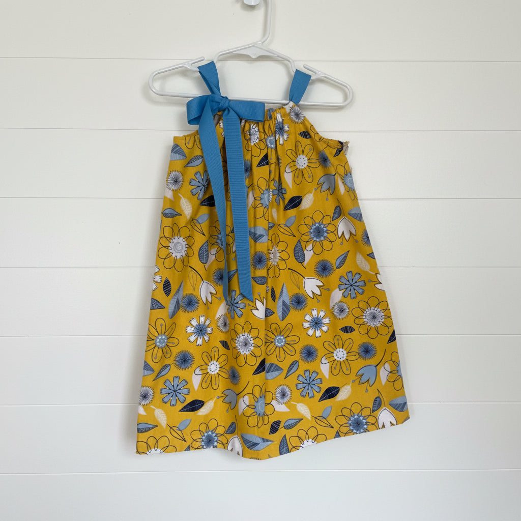 Yellow & Blue Floral Print Dress, Sundress, girl, kids, handmade / $5 SALE