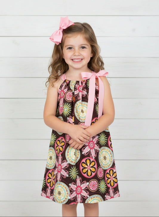 Brown Floral Designer Print Dress, Sundress, girl, kids, handmade / SALE