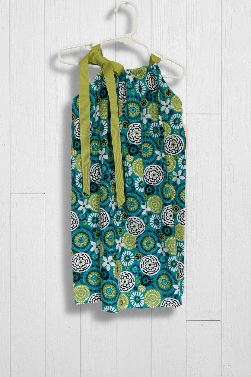 Turquoise & Green Flower Print Dress, Sundress, girl, kids, handmade / $5 SALE