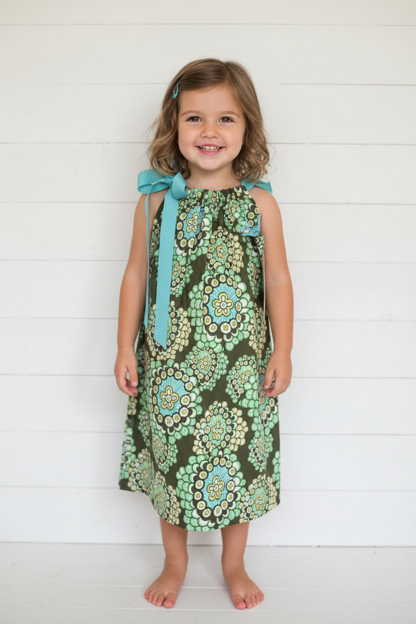 Amy Butler Olive & Aqua Print Dress, Sundress, girl, kids, handmade - $5 SALE