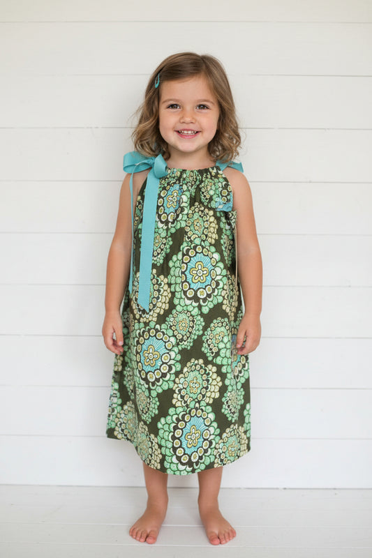 Amy Butler Olive & Aqua Print Dress, Sundress, girl, kids, handmade - SALE