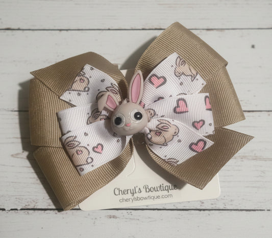 Khaki Bunny & Hearts Hair Bow, clip, girl, Easter, kids