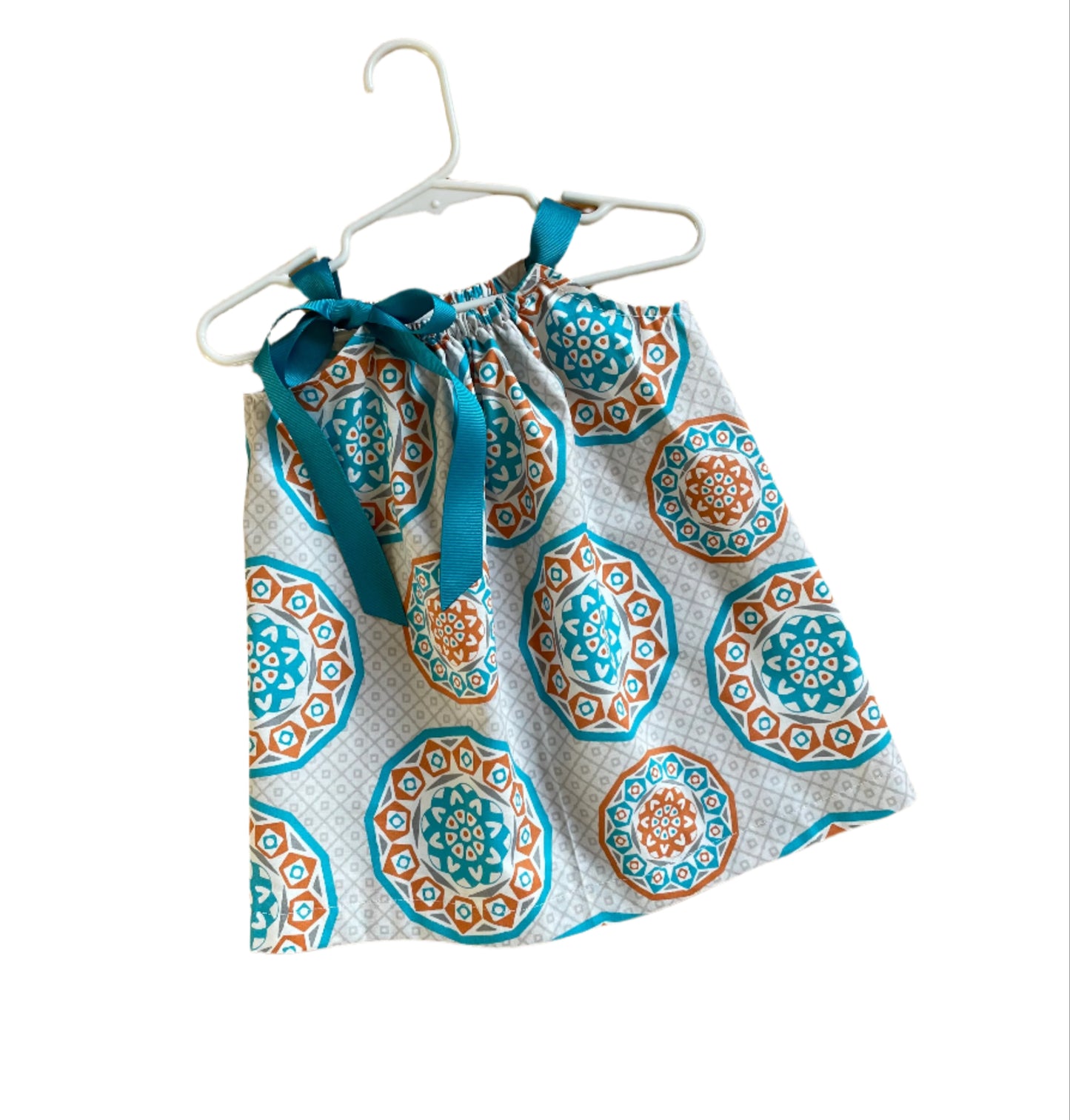 Aqua & Orange Print Dress, Sundress, girl, kids, handmade - SALE