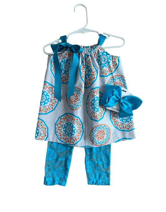 Aqua & Orange Print Dress, Sundress, girl, kids, handmade - SALE