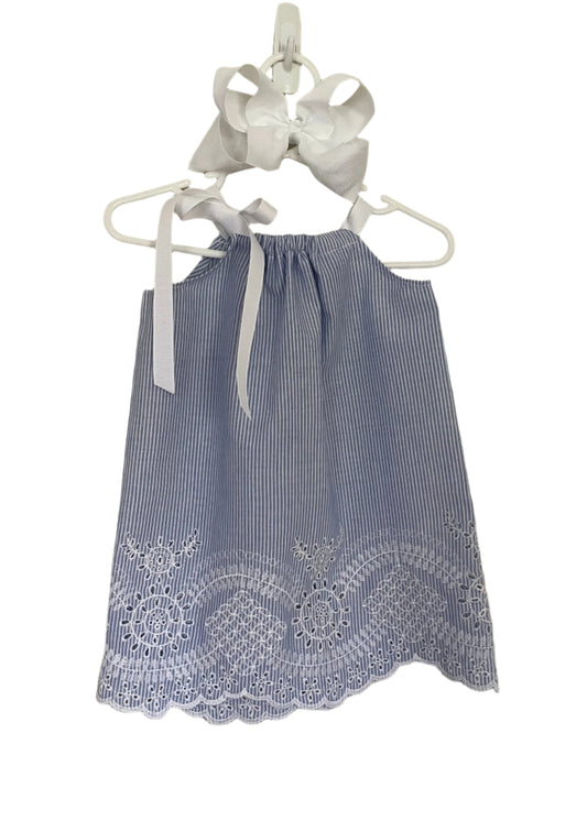 Blue & White Pinstripe Scalloped Dress, Sundress, girl, kids, handmade - SALE
