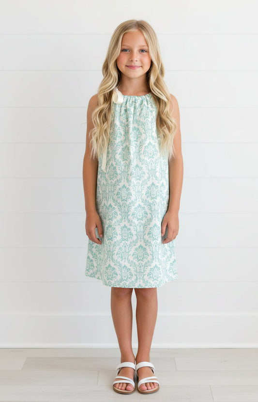 Blue & Cream Damask Dress, Sundress, girl, kids, handmade - $5 SALE