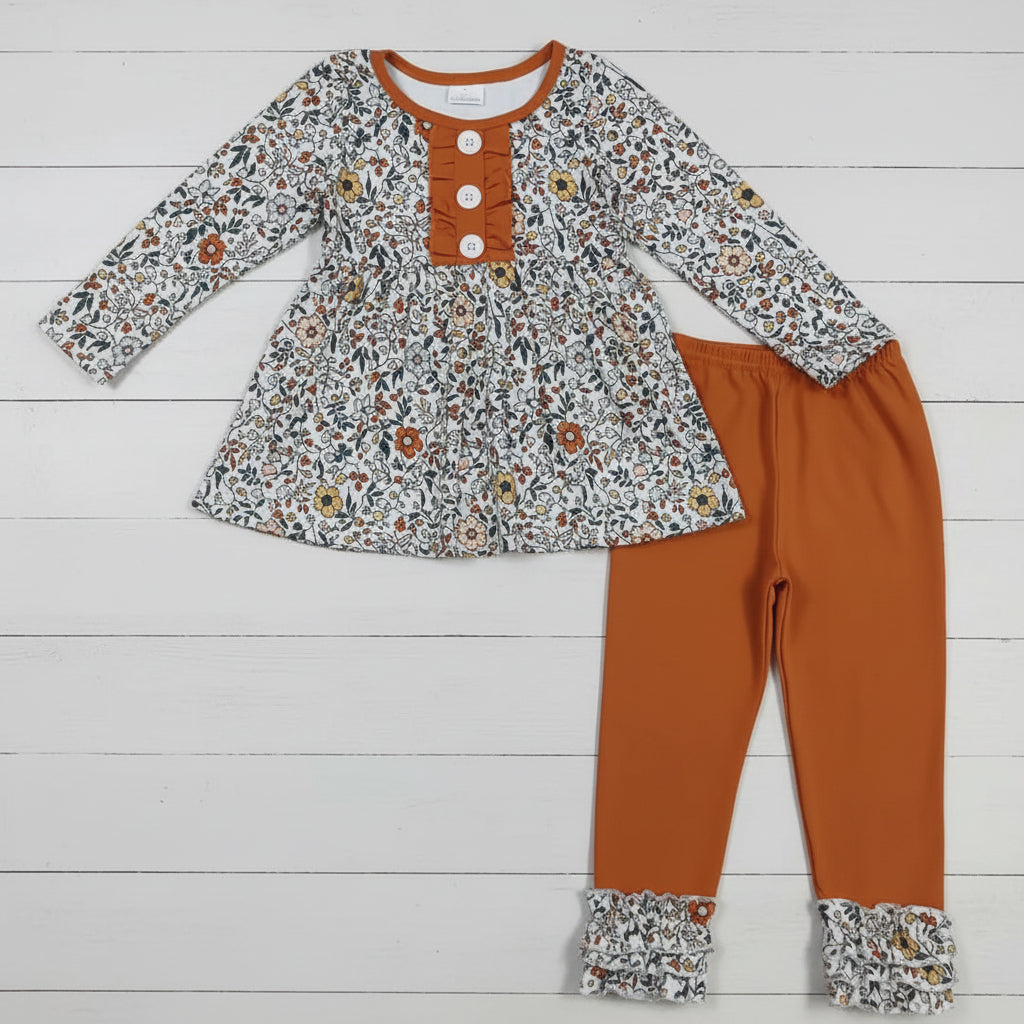 Rust Floral Ruffle Outfit, girl's, Set, kids, clothing