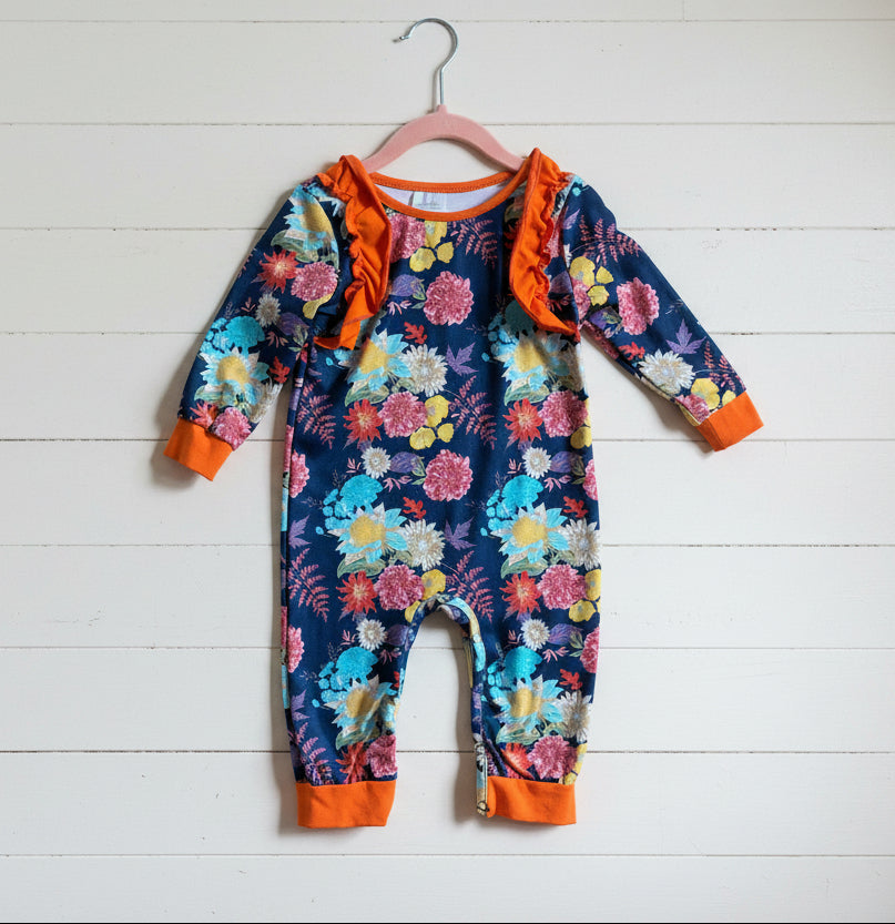 Navy Blue & Orange Ruffle Flower Romper, Toddler, Infant, girl