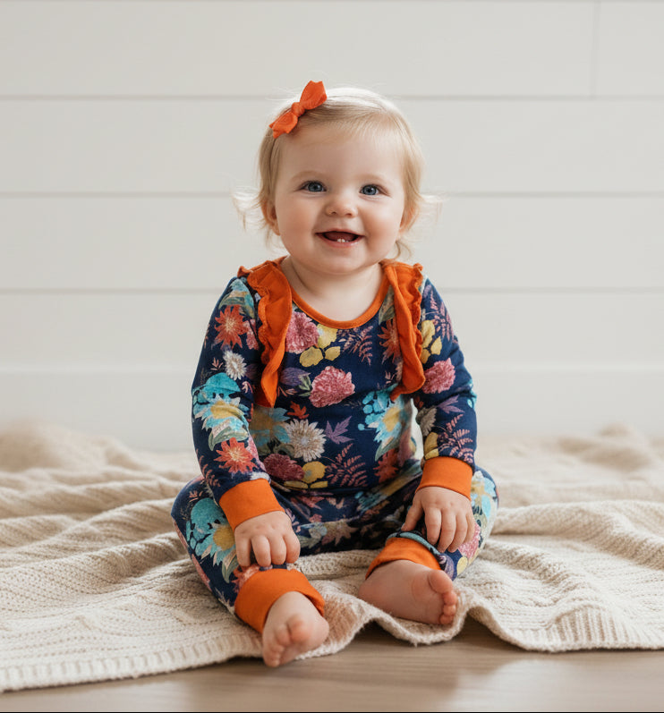 Navy Blue & Orange Ruffle Flower Romper, Toddler, Infant, girl