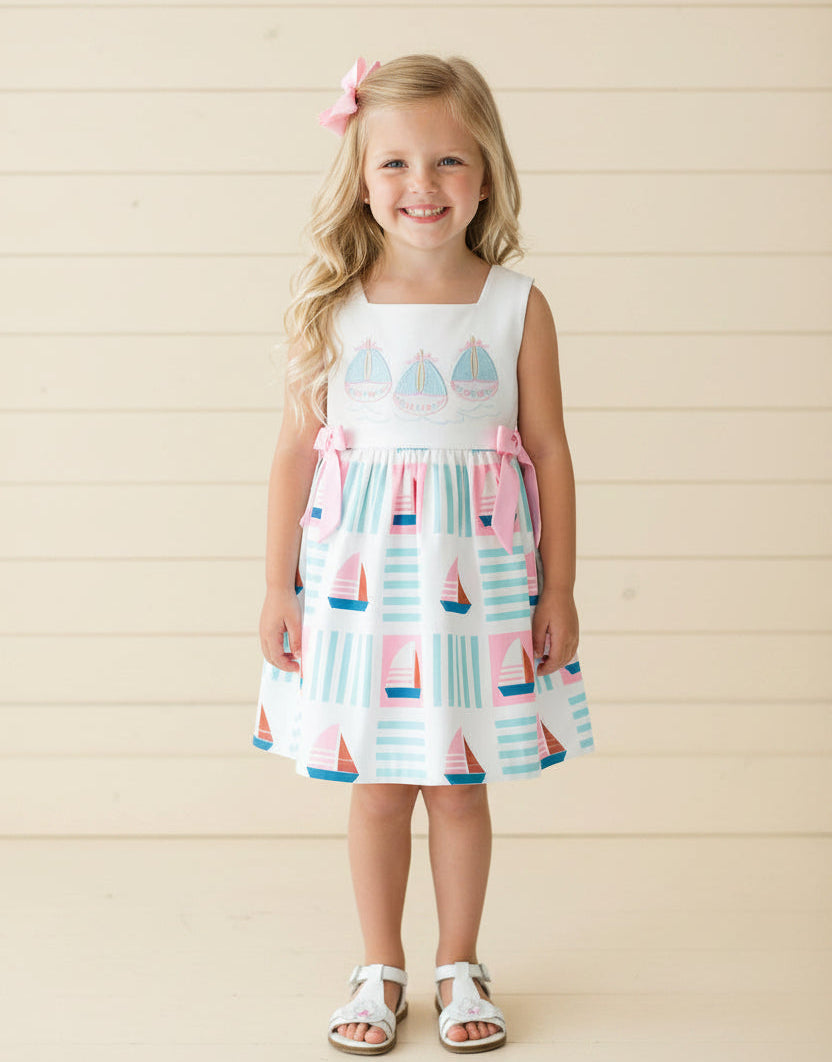 Blue & Pink Embroidered Sailboat Dress, girl's, Milk Silk, kids / CLEARANCE