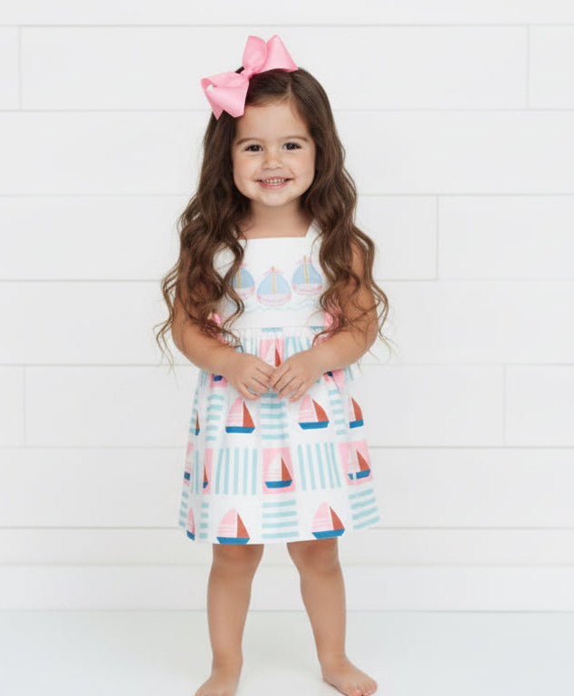 Blue & Pink Embroidered Sailboat Dress, girl's, Milk Silk, kids