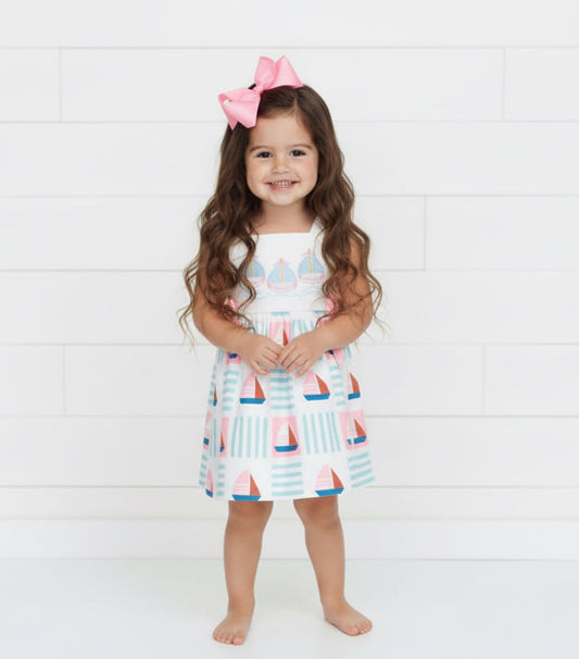 Blue & Pink Embroidered Sailboat Dress, girl's, Milk Silk, kids