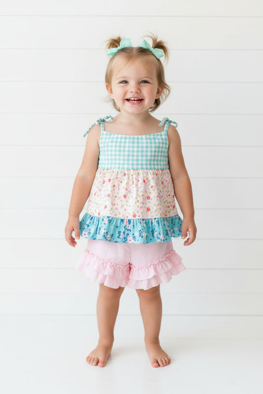 Gingham & Flower Ruffle Short Set, girl, kids, clothing, outfit, toddler, shabby chic